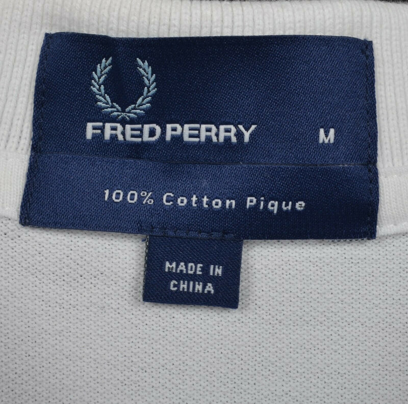 Fred Perry Men's Sz Medium White Blue Embroidered Logo Short Sleeve Polo Shirt