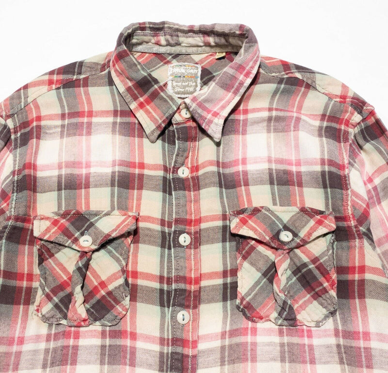 True Grit Shirt Men's Large Bleached Distressed Plaid Button-Front Brown Red