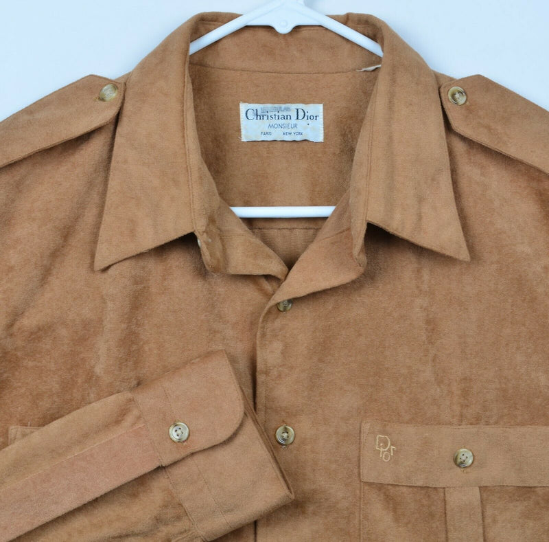 Vintage 80s Christian Dior Men's Large/XL? Velvet Style Tan Button Safari Shirt