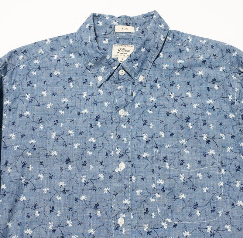 J. Crew Chambray Shirt Large Slim Fit Men's Floral Print Long Sleeve Button-Down