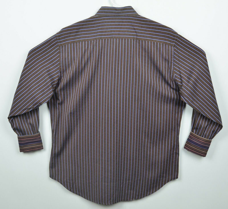 Robert Graham Men's Large Flip Cuff Brown Striped Designer Button-Front Shirt