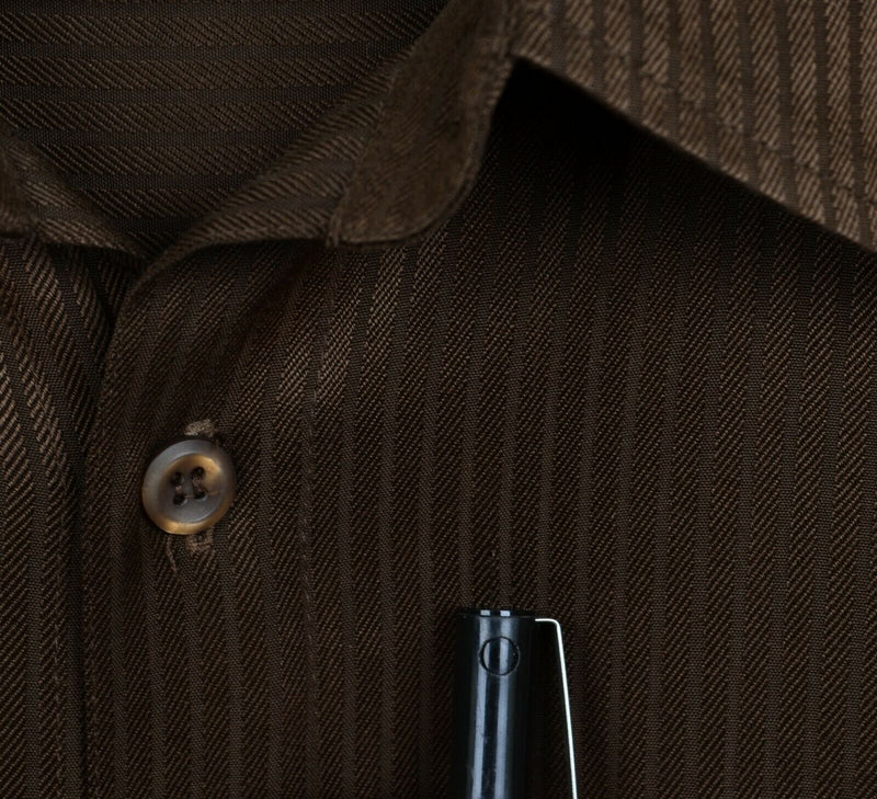 Genelli Men's Sz XL 100% Silk Textured Stripe Brown Button-Front Club Shirt