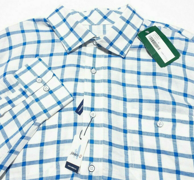 johnnie-O Hangin' Out Camden Linen Blend Shirt White Blue Check Preppy Men's XL