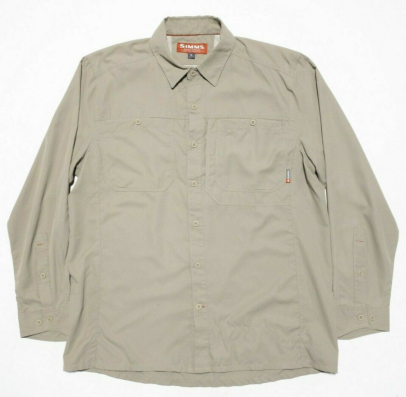 Simms Fishing Vented Button-Front Shirt Wicking Solid Khaki Brown Men's Large