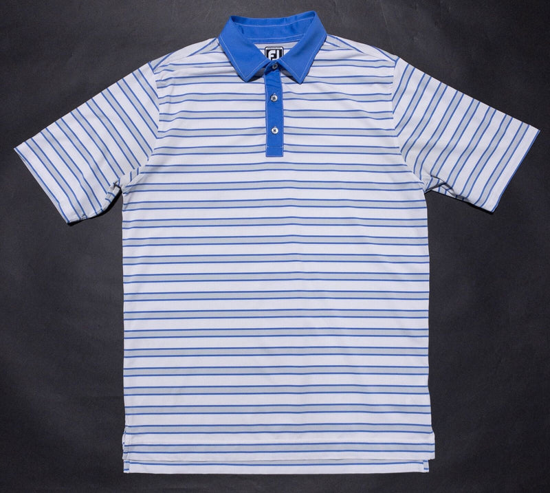 FootJoy Golf Shirt Men's Large Athletic Fit White Blue Striped Wicking Polo