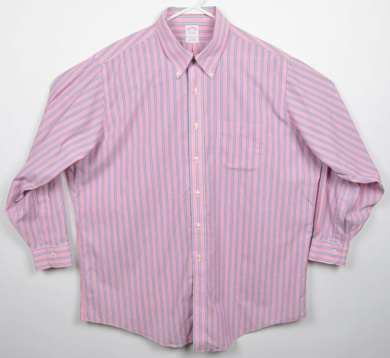 Brooks Brothers Men's 17.5 Non-Iron Pink Blue Striped Button-Down Dress Shirt