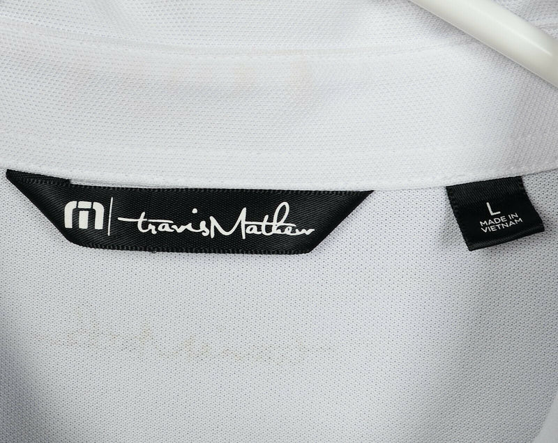 Travis Mathew Men's Large White Black Gray Chest Striped Wicking Golf Polo Shirt