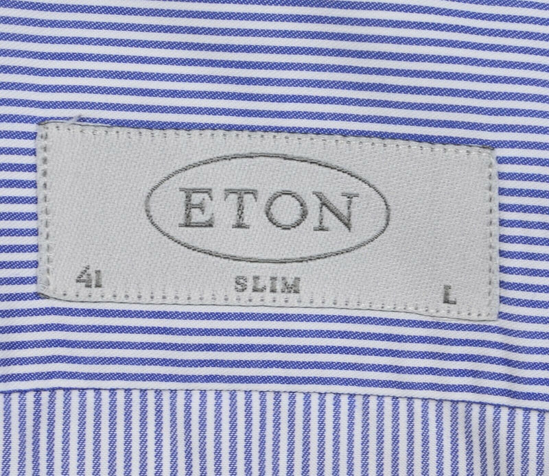 ETON Men's Large/41 Slim Fit Blue Pinstriped Spread Collar Dress Shirt