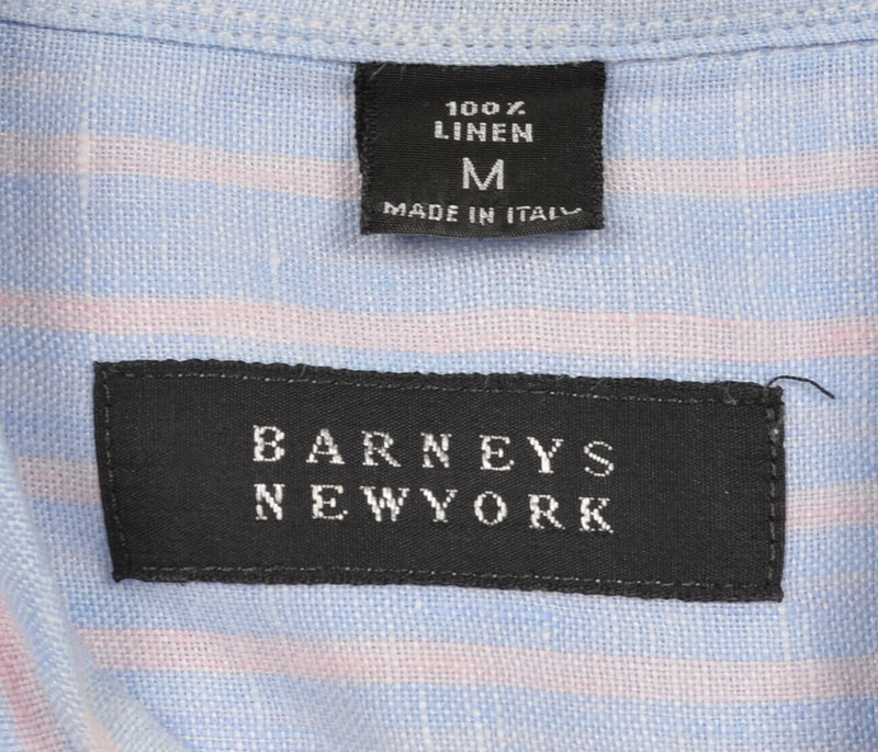 Barneys New York Men's Medium 100% Linen Blue Pink Striped Italian Shirt