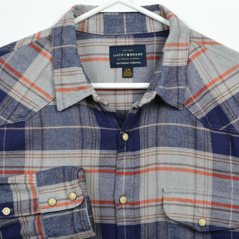 Lucky Brand Men's Large Pearl Snap Saturday Stretch Blue Gray Plaid Shirt