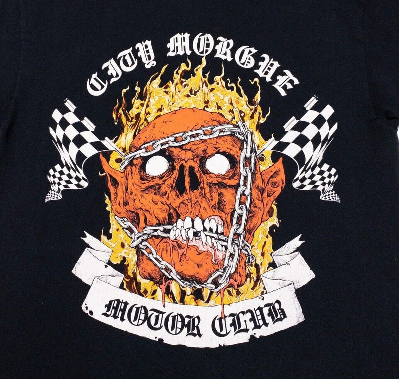City Morgue T-Shirt Medium Men's Motor Club Skull Fire Checkered Flag Black