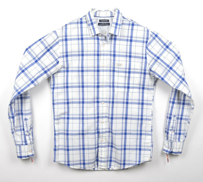 Scotch & Soda Men's Large Amsterdam Couture Blue White Plaid Button-Front Shirt