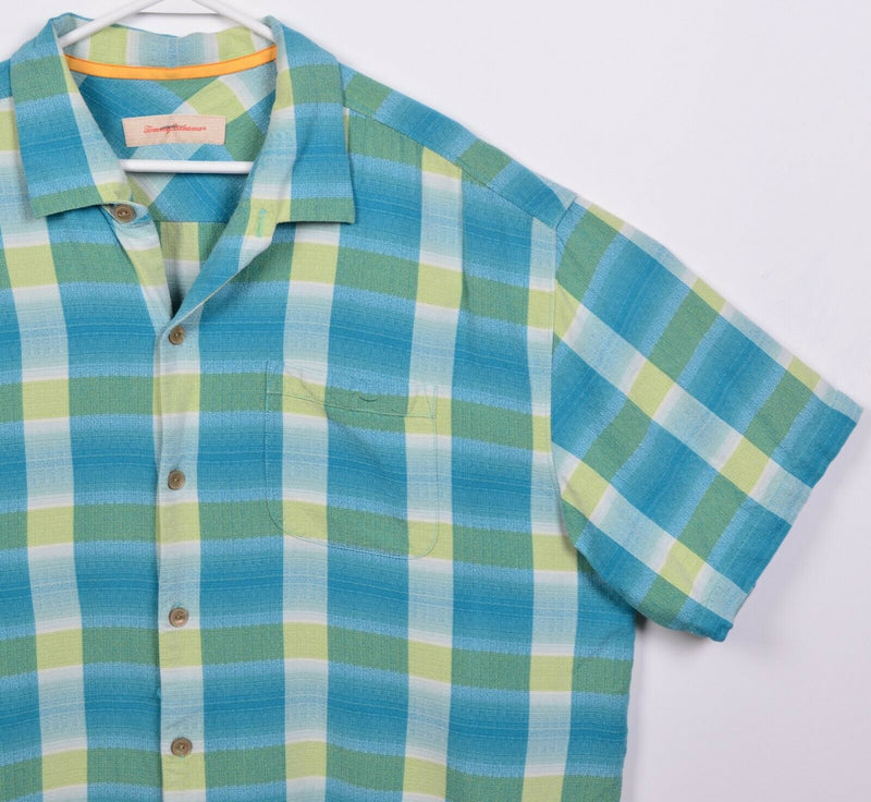 Tommy Bahama Men's XL 100% Silk Blue Green Plaid Hawaiian Aloha Camp Shirt
