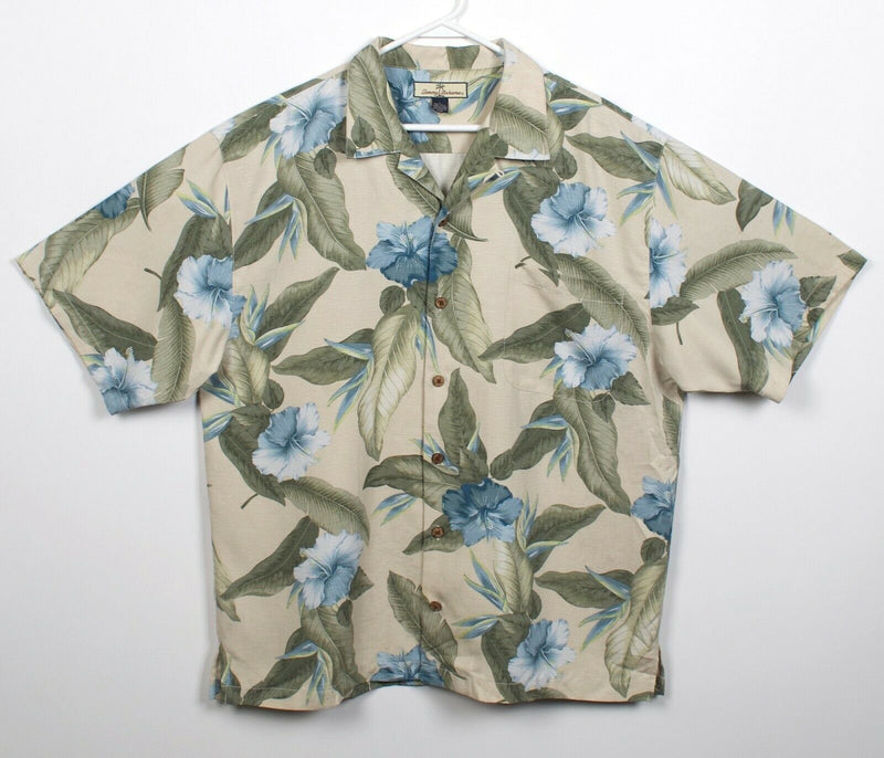 Tommy Bahama Men's Large 100% Silk Green Blue Floral Hibiscus Hawaiian Shirt