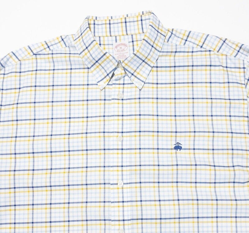 Brooks Brothers XL Shirt Men's Yellow Blue Check Button-Down Non-Iron Logo