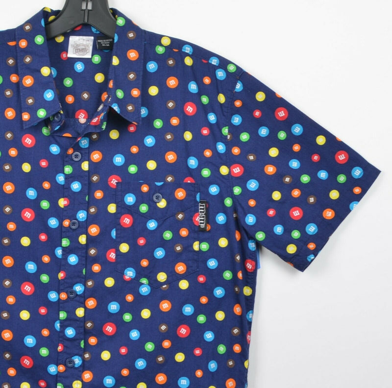 M&M Candy Men's Sz Medium Patterned Graphic Print Blue Button-Front Shirt