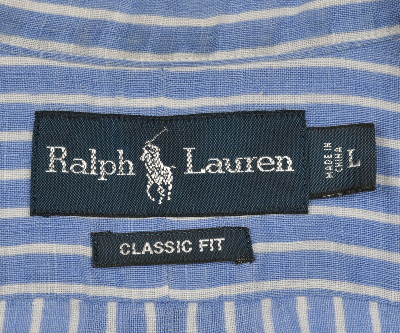 Polo Ralph Lauren Men's Large Classic 100% Linen Blue Striped Button-Down Shirt