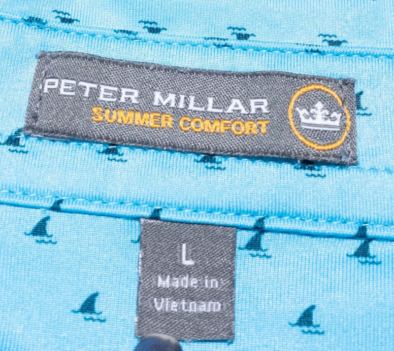 Peter Millar Summer Comfort Shark Pattern Polo Large Men Shirt Blue Wicking Golf