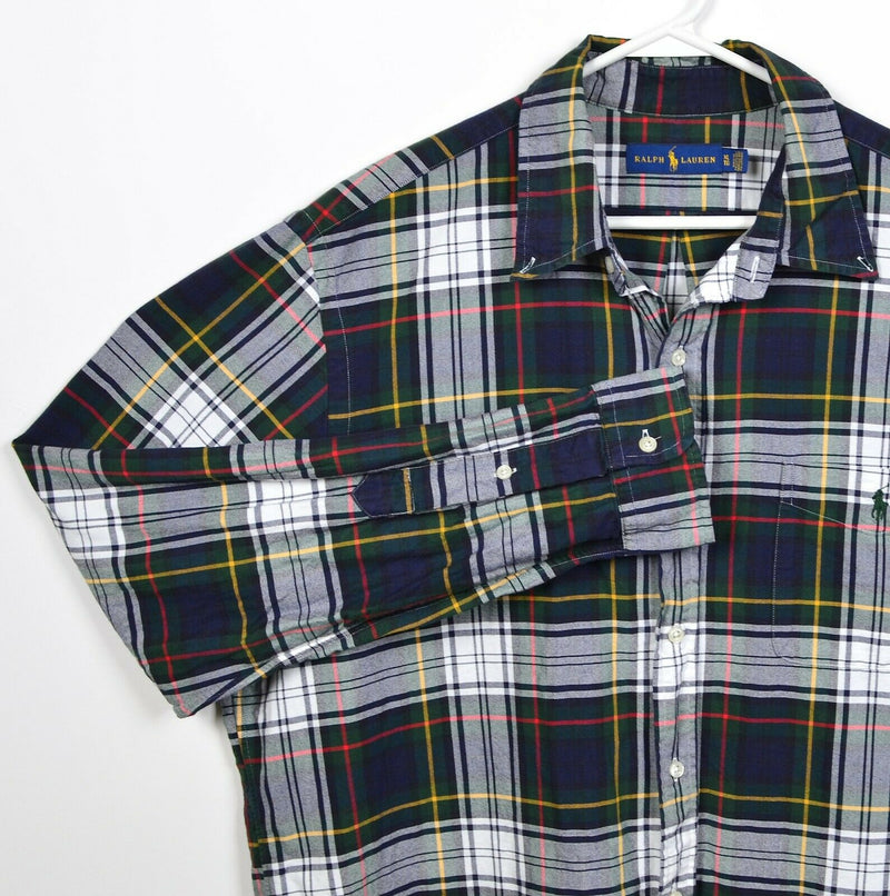 Polo Ralph Lauren Men's XL Navy Blue Green Tartan Plaid Pony Button-Down Shirt