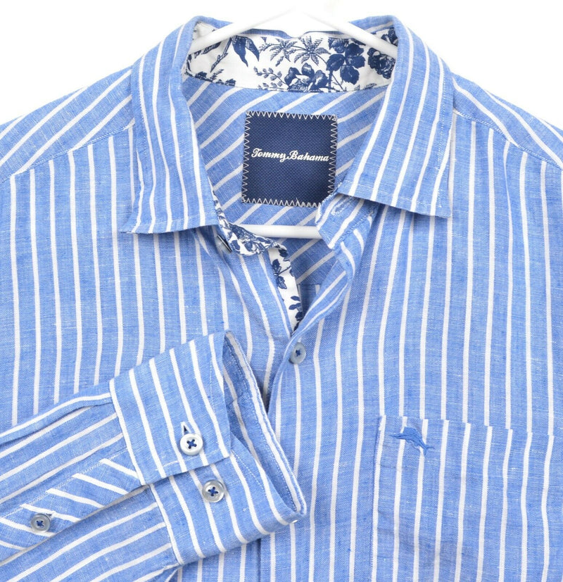 Tommy Bahama Men's Sz Small 100% Linen Blue Striped Marlin Resort Camp Shirt