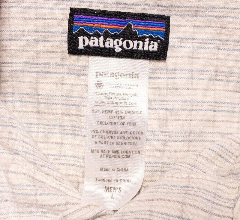Patagonia Migration Hemp Shirt Large Men's White Plaid Short Sleeve Hiking 53138