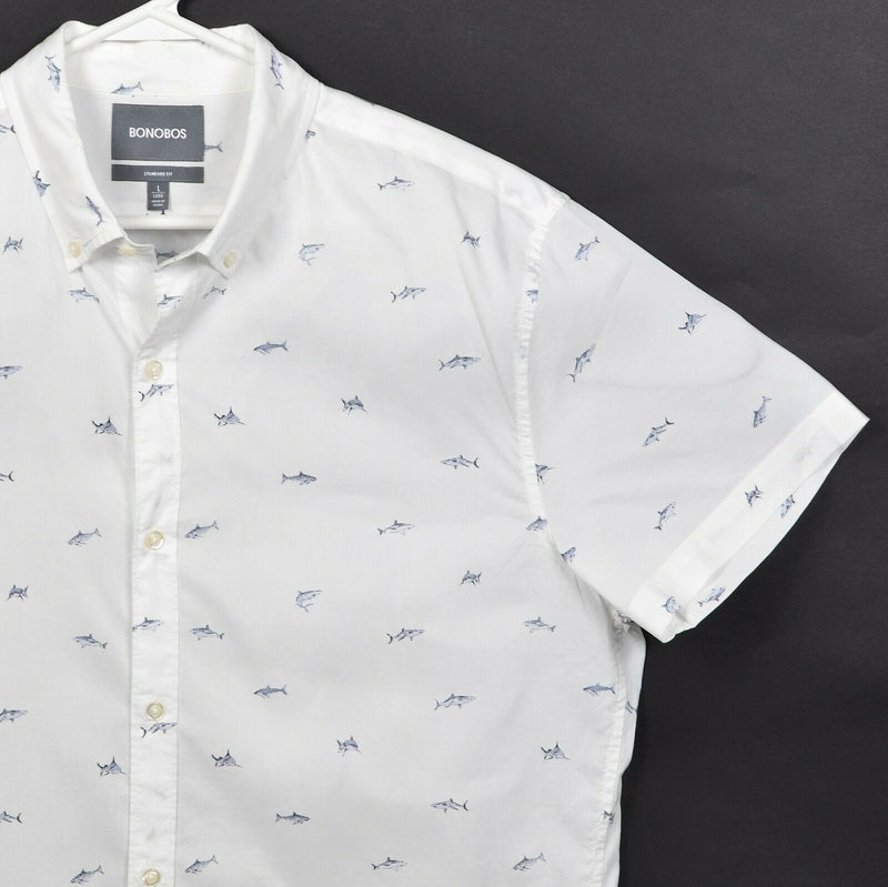 Bonobos Men's Large Long Shark Pattern White Short Sleeve Button-Down Shirt