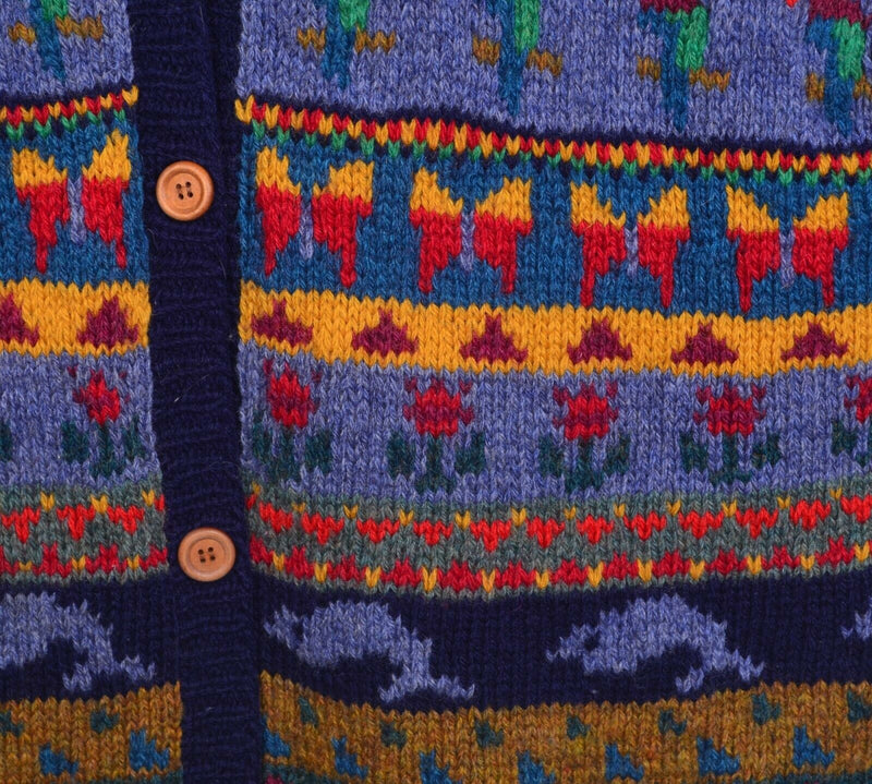 Vtg 90s LL Bean Women's Sz XL Animal Abstracts Stripe Wool Cardigan Sweater
