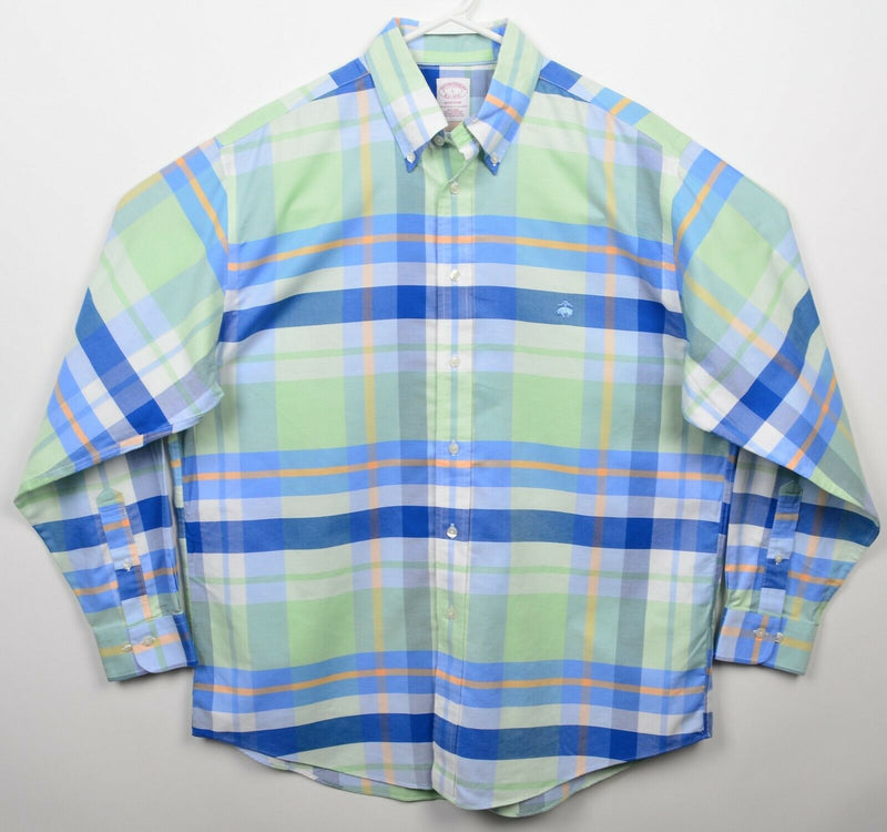 Brooks Brothers Men's Large Green Blue Plaid Non-Iron Madison Button-Down Shirt