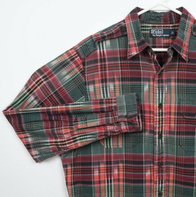 Polo Ralph Lauren Men's Large Green Red Plaid Aztec Safari Button-Front Shirt