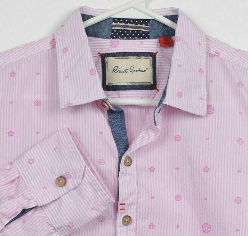 Robert Graham Men Medium Tailored Fit Pink Striped Geometric Button-Front Shirt
