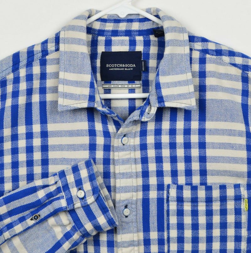 Scotch & Soda Men's Large Blue White Plaid Check Button-Front Flannel Shirt