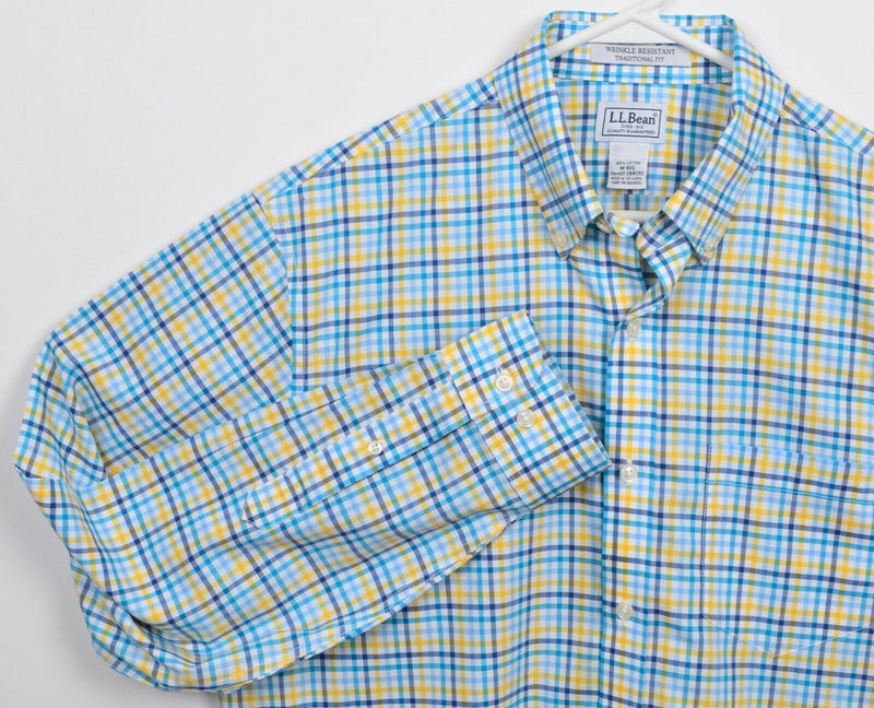 L.L. Bean Men's Medium Wrinkle Resistant Blue Yellow Check Button-Down Shirt