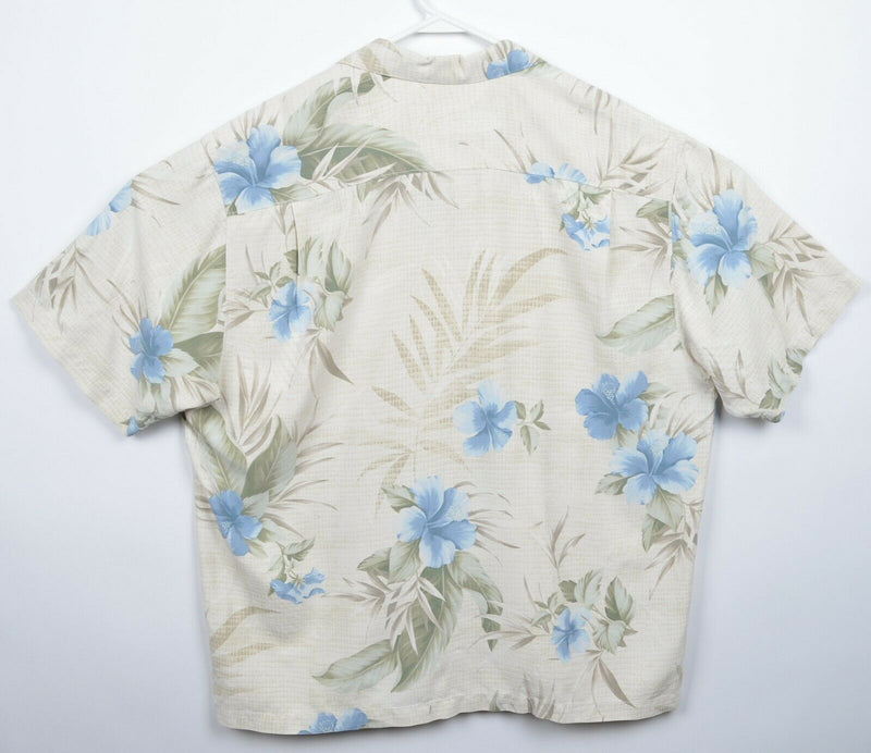 Tommy Bahama Men's XL 100% Silk Floral White Blue Hawaiian Aloha Camp Shirt