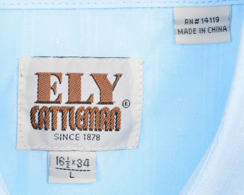 Ely Cattleman Men Large (16.5x34) Pearl Snap Light Blue Western Rockabilly Shirt
