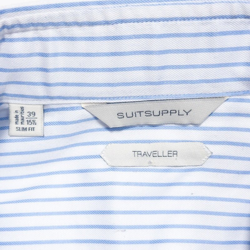 Suitsupply Traveller Shirt 15.5 Slim Fit Men's Blue White Stripe Cutaway Collar