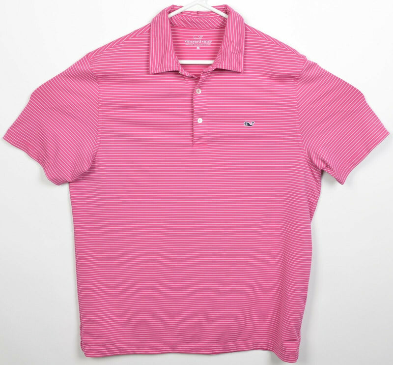 Vineyard Vines Men's Medium Pink Striped Whale Polyester Wicking Golf Polo Shirt