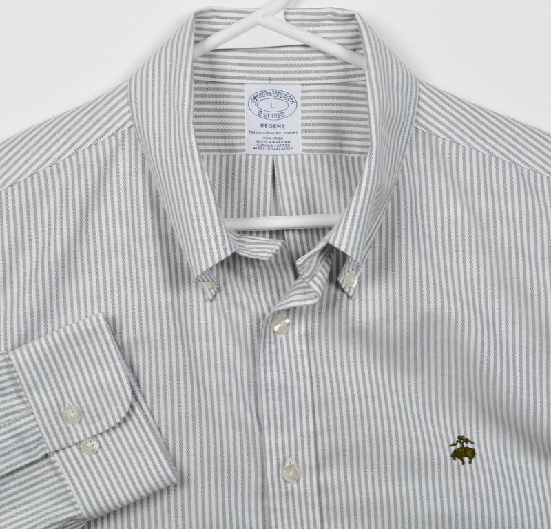 Brooks Brothers Men's Large Gray Striped Non-Iron Logo Regent Button-Down Shirt