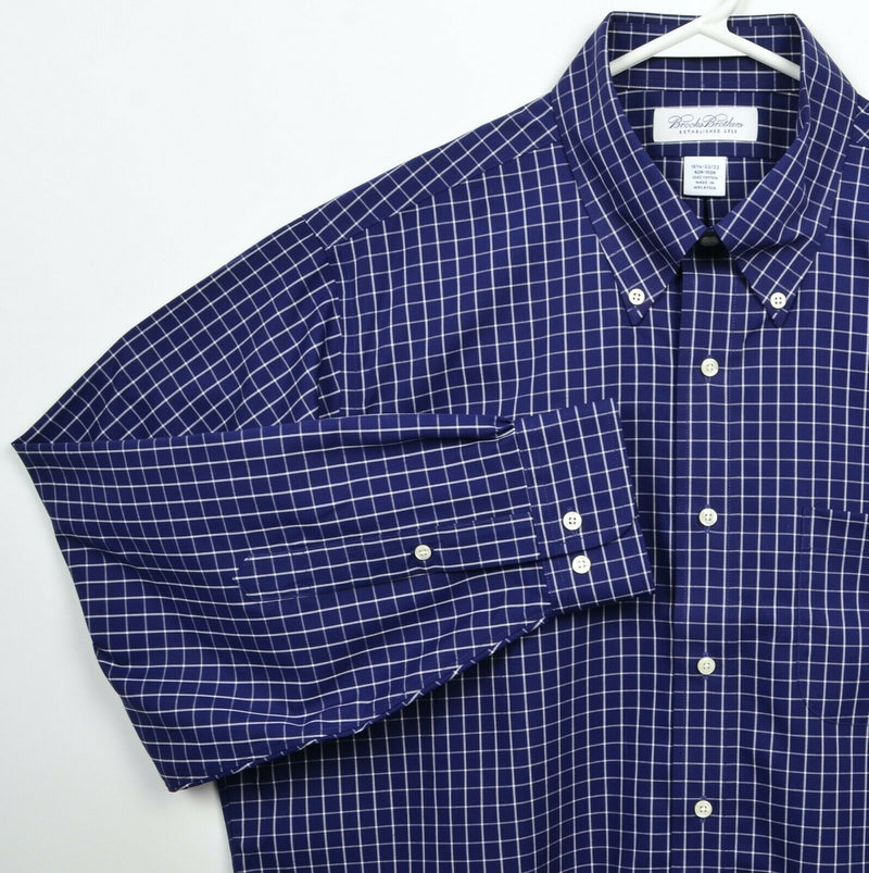 Brooks Brothers Men's 16.5 32/33 Navy Blue Check Non-Iron Button-Down Shirt