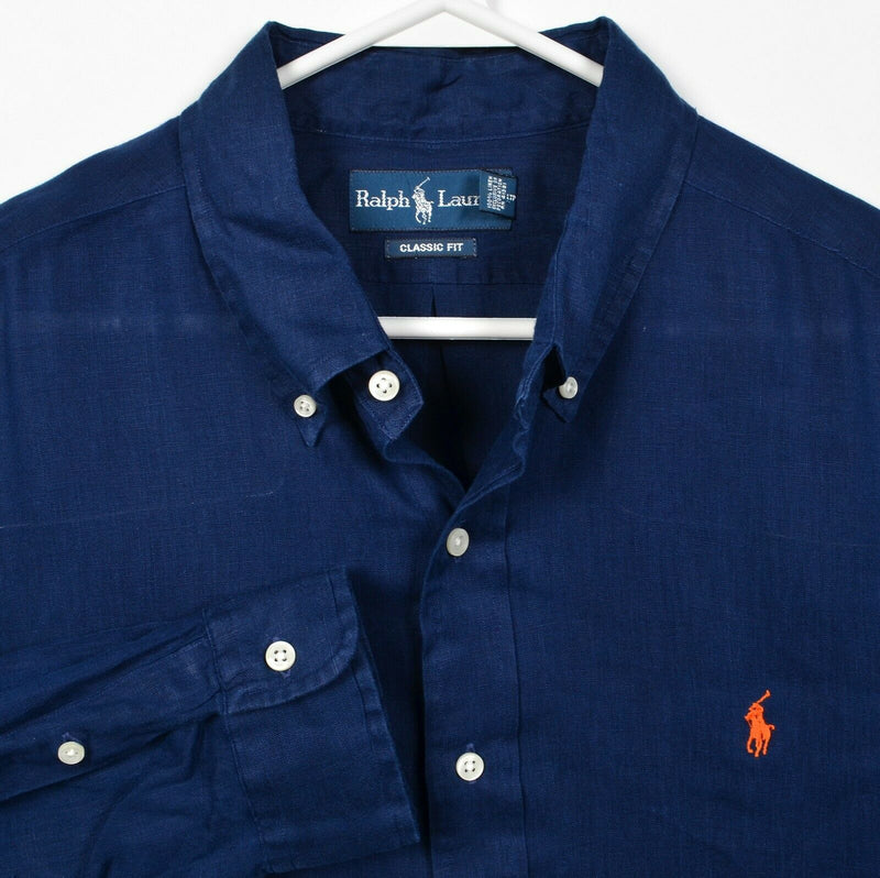 Polo Ralph Lauren Men's XL Classic Fit 100% Linen Navy Blue Button-Down Shirt