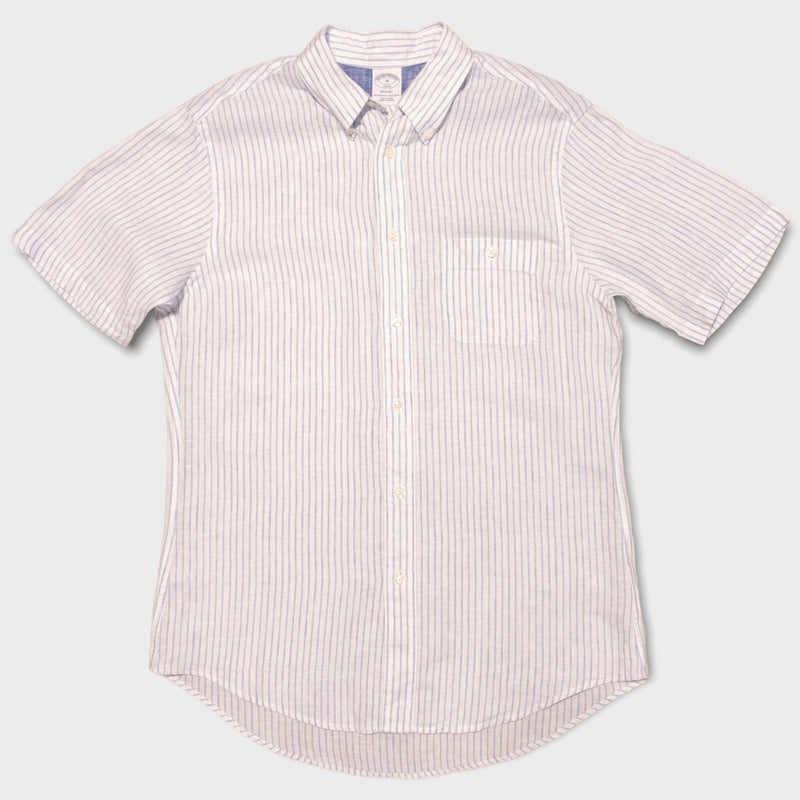 Brooks Brothers Linen Shirt Medium Men's White Blue Striped Short Sleeve Button