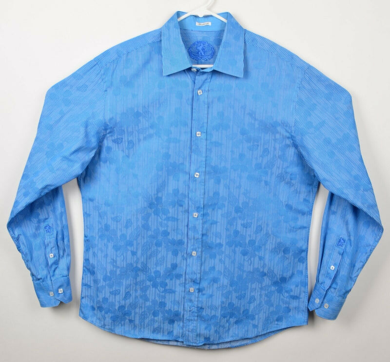 Bugatchi Men's Sz XL? Shaped Fit Floral Striped Blue Button-Front Shirt