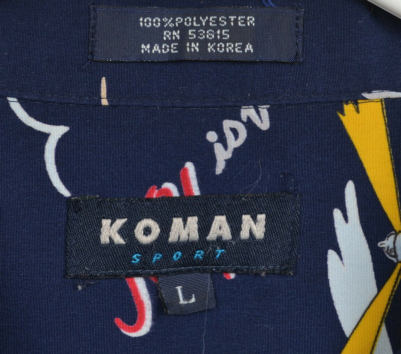 New York City Men's Large Manhattan NYC Koman Sport 90s Y2K Polyester Camp Shirt