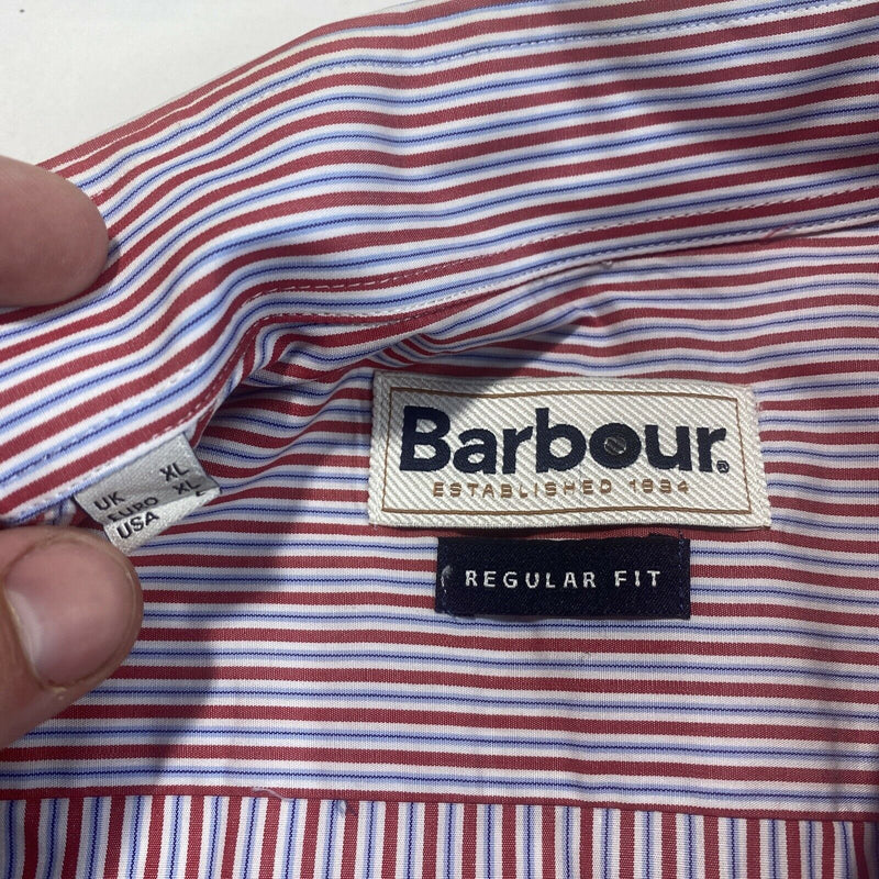 Barbour Men's Large Regular Fit Red Striped Logo Long Sleeve Button-Down Shirt