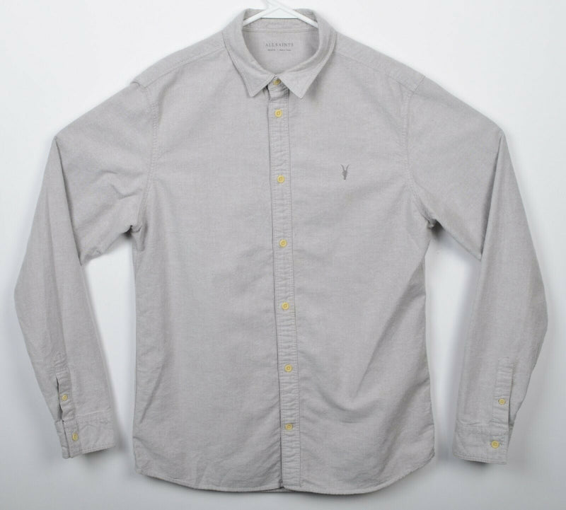AllSaints Men's Medium Gray Oxford Ram Skull Logo Huntingdon Button-Front Shirt
