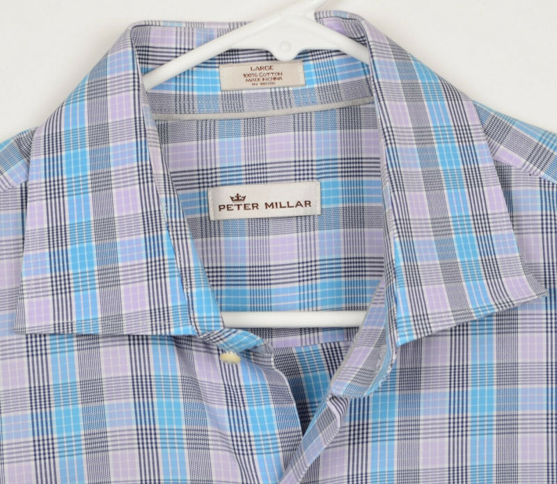 Peter Millar Men's Sz Large Purple Blue Houndstooth Plaid Spread Collar Shirt