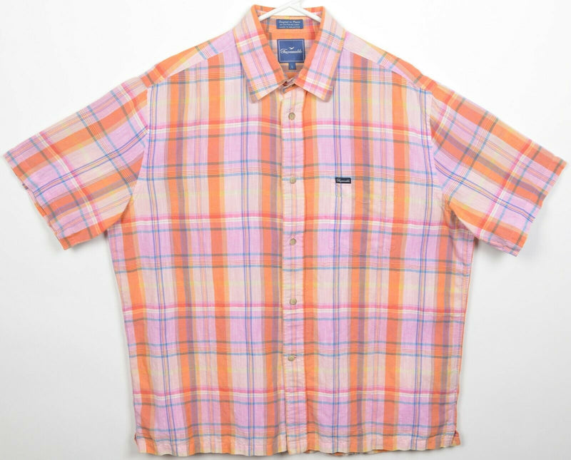 Facconable Men's Large Linen Blend Pink Orange Tartan Plaid Button-Front Shirt