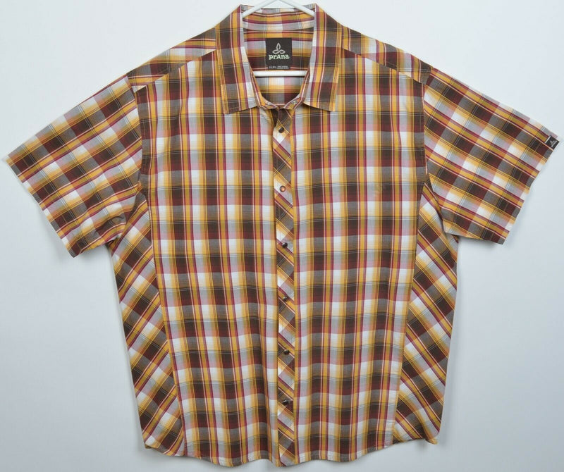 Prana Men's XL Pearl Snap Brown Golden Yellow Plaid Western Short Sleeve Shirt