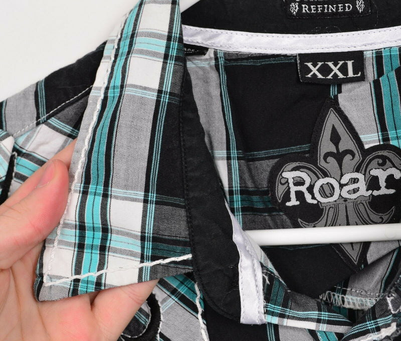 ROAR Men's Sz 2XL Black Teal Plaid Embroidered Province Shirt