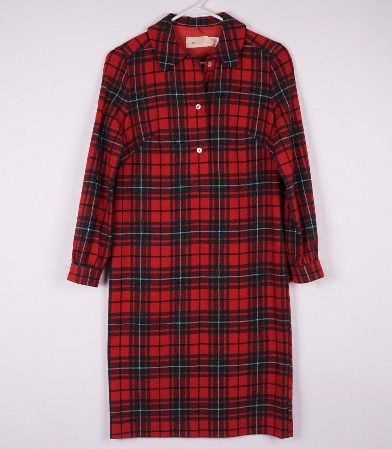 Vintage 70s Pendleton Women's 8 Red Tartan Plaid Wool Long Sleeve Shirt Dress