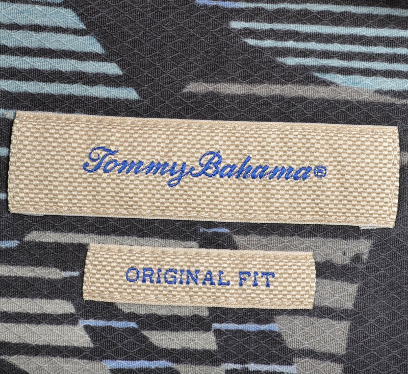 Tommy Bahama Men's Large 100% Silk Blue Black Gray Geometric Hawaiian Shirt